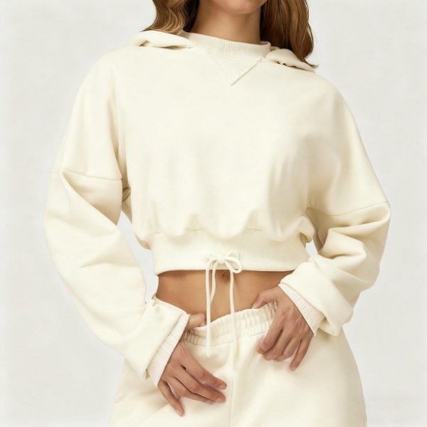 Cream Tie-Waist Cropped Hoodie Two-Piece Set