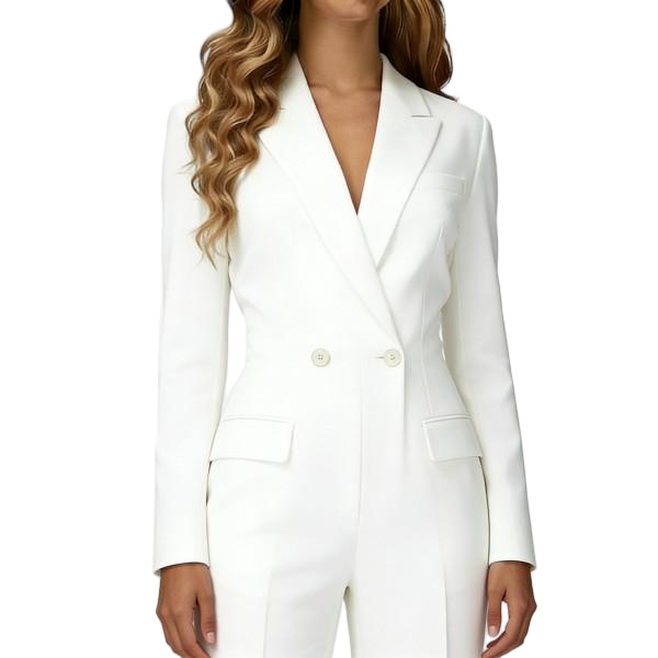 White Double-breasted Suit Set - Elegant Women's Office Wear