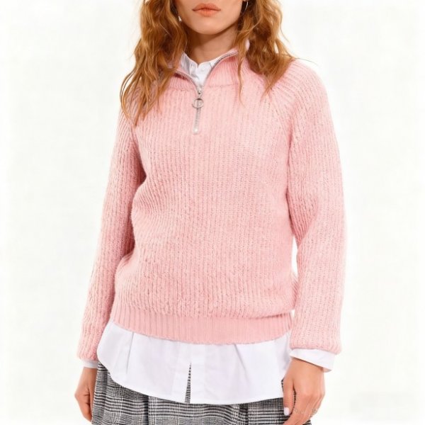 Pink Ribbed Quarter-Zip Sweater
