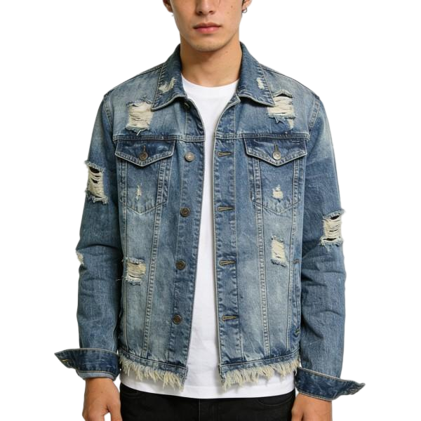Distressed Fringed Washed Denim Jacket - Street Fashion Outerwear