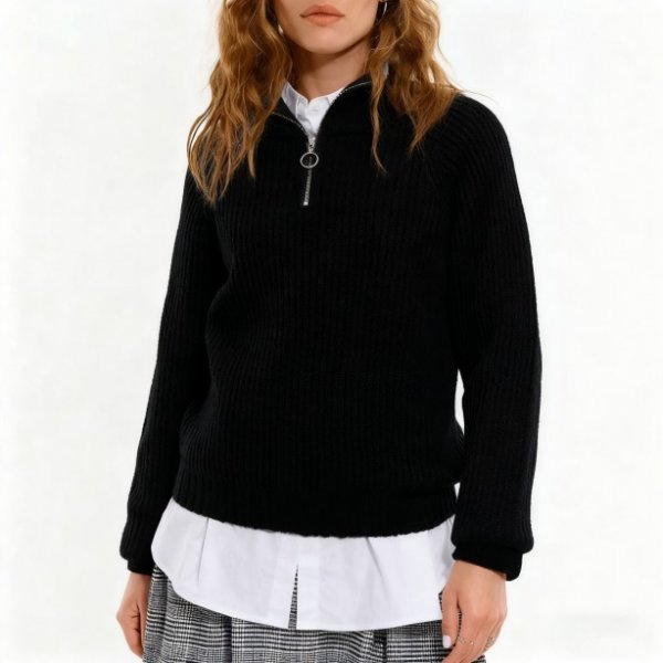 Black Ribbed Quarter-Zip Sweater